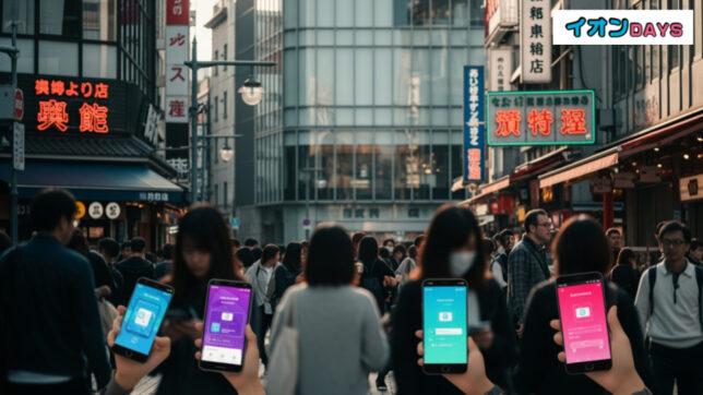イオンカードセレクト＋WAON利用で還元率1.5％に。人々がスマホを使って支払いをしている現代日本の都市の様子。
