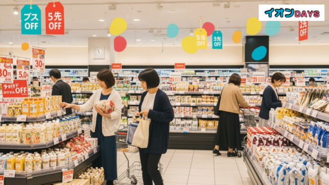 AEON Pay利用でWAON POINT20倍キャンペーンをテーマにした、現代日本のスーパーでの買い物風景。プロモーションや節約の雰囲気が漂うシーンを描写。