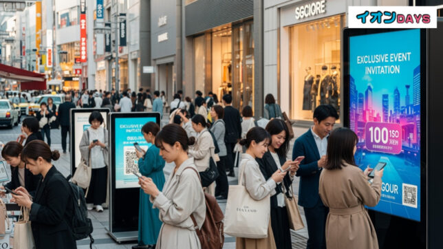 イオンペイ利用でユニバーサル・パーティ招待キャンペーンの魅力を伝える画像。人々がスマホを使い、賑やかな日本の街角での様子を捉えています。