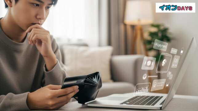 イオンカード（ミニオンズ）のデメリットと注意点について、若者が財布を見つめ慎重に選択しているシーンを描写。
