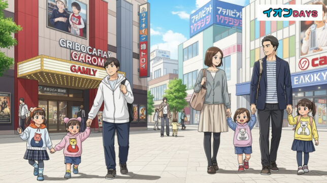 イオンカード（ミニオンズ）の特徴とメリットとは？家族が映画やショッピングを楽しんでいる都市のシーン。活気ある雰囲気を表現。