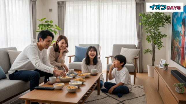 イオンカード（ミニオンズ）で映画を最安値の1100円で見る方法とチケットの買い方について、家族が映画を楽しむシーンを描写した画像。