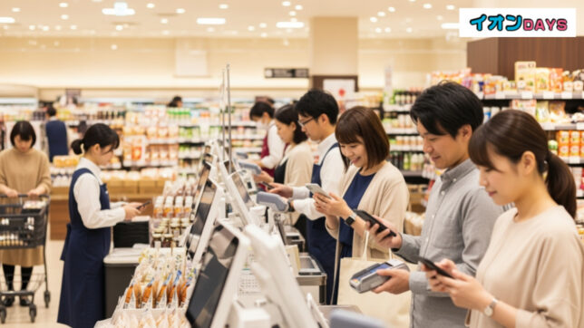 マルエツ・カスミでAEON Pay利用開始に伴う現代日本の日常の買い物シーンを描写した画像。