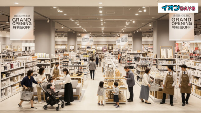 イオンモール幕張新都心に無印良品が新規オープン。新店舗の賑わいと豊富な商品の様子を映した画像。