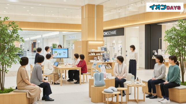 イオンモール大日に新施設「MySCUE」オープンへ。買い物ついでに介護相談ができる空間を示すシーン。