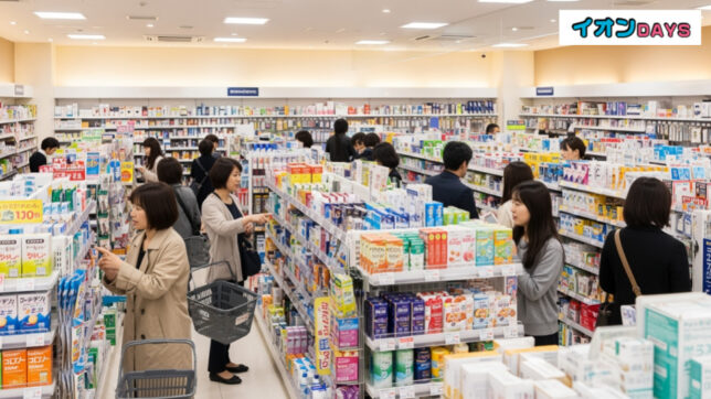 ウエルシア株主優待に関心高まる。都市のドラッグストアでお客が商品を選んでいる様子を表現。