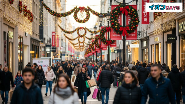 2025年イオンのBLACK FRIDAYはいつから開始？目玉商品は？賑やかな都市のショッピングシーンを背景に、セールの熱気が伝わる画像。