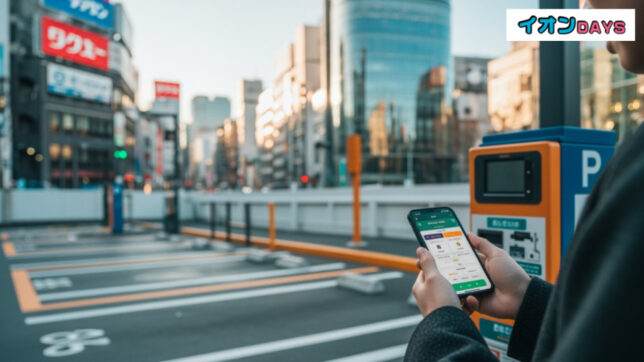 AEON Pay導入記念で109 WAON POINTを全員プレゼントのキャンペーンシーン。現代日本の都市で、スマホ決済を利用する様子を描写。