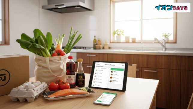 イオンネットスーパーとグリーンビーンズの違いを解説した画像。便利なオンライン食品購入シーンを表現。