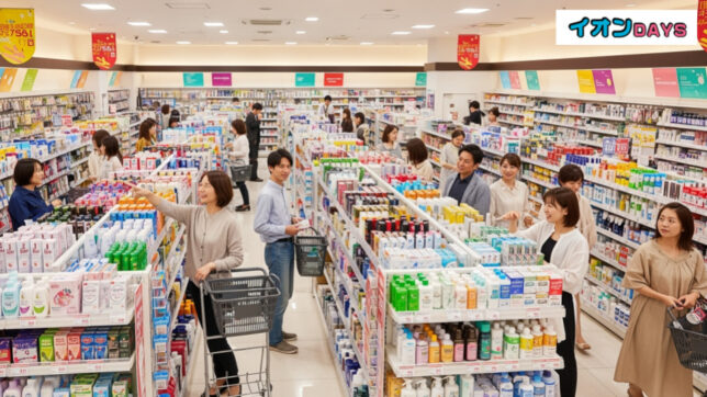 ウエルシアグループBLACK FRIDAY開始を示す賑やかなドラッグストアのシーン。様々な日用品を選ぶ楽しそうな客が映る。
