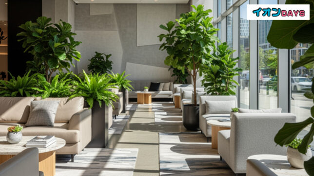 イオンカード ゴールド ラウンジの利用シーンをイメージした静かで落ち着いた休憩室の内部、都市の喧騒から逃れられる空間を表現。