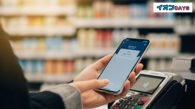 イオンカード ゴールド 永久にゴールドでいられるか。現代日本のスーパーマーケットで、スマートフォンを使ったキャッシュレス決済のシーン。