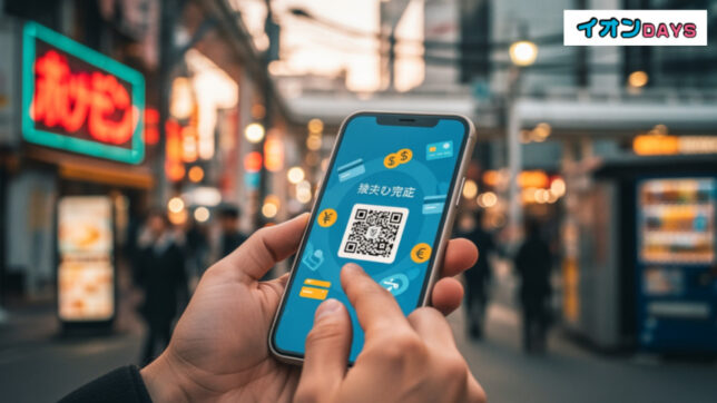 イオンゴールドカードは降格する?日本の都市でスマホを使うシーンを描いた画像。クレジットカードの維持条件についての情報を反映。