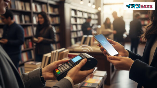 丸善・ジュンク堂書店でAEON Pay導入を伝えるシーン。スマホを使ったキャッシュレス決済を行う顧客がいる書店の光景を表現。