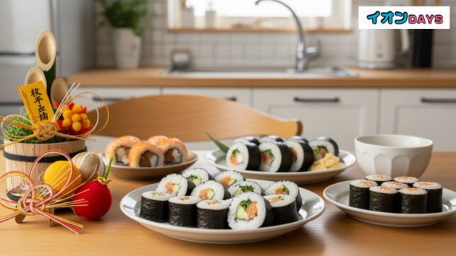 2026年イオンの恵方巻予約開始を告知する画像。家庭的なキッチンに美しく並べられた伝統的な恵方巻、季節の装飾もあり。