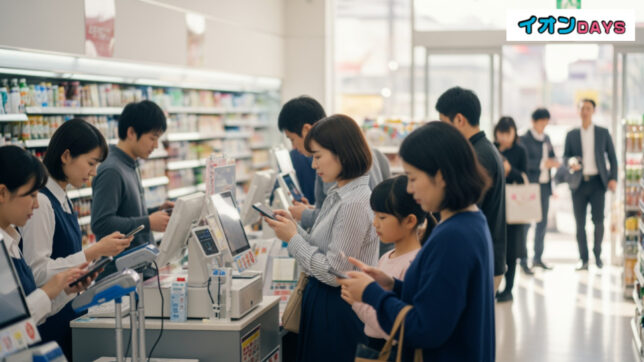 ミニストップでもイオンペイ10%ポイント還元を楽しむ顧客がスマホ決済するシーン。忙しいコンビニの雰囲気が描かれています。