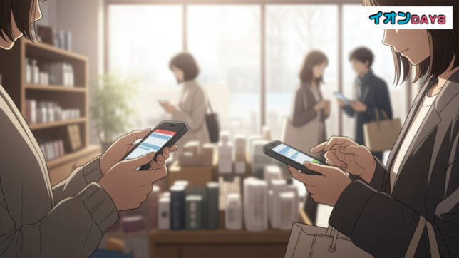 イオンのありが10デーとは?賑やかな店内で、スマホ決済を利用する買い物客が多くいる様子を描写したシーン。