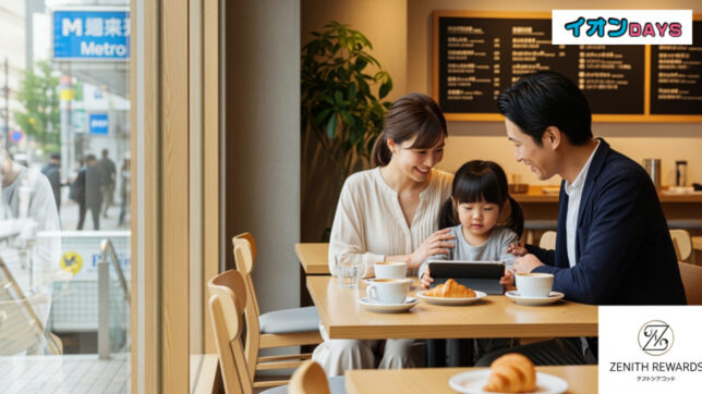 イオンカード特典拡充でゴールド会員優遇を強化する日常のカフェシーン、家族が楽しむ様子を表現。