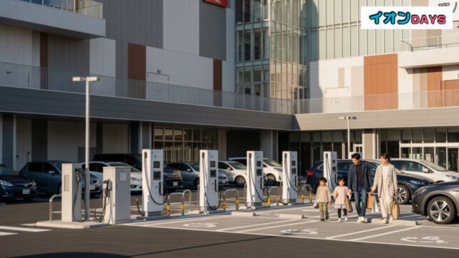 買い物中に満タン！イオンのEV充電サービスの様子。充電ステーションや現代的なショッピングモールの環境を示す画像。