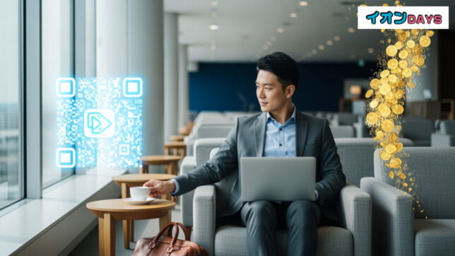 イオンビジネスカードのメリット・デメリットを探る記事用画像。空港ラウンジでリラックスするビジネス旅行者のシーン。