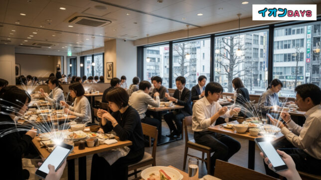 ガストでイオンペイ10％還元終了に関する情報を収集する様子を描いた都市の飲食店の光景。