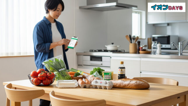 イオン通販グリーンビーンズでWAON POINT決済が可能になる新しいサービスで、スマホを使って買い物をする様子を描いています。