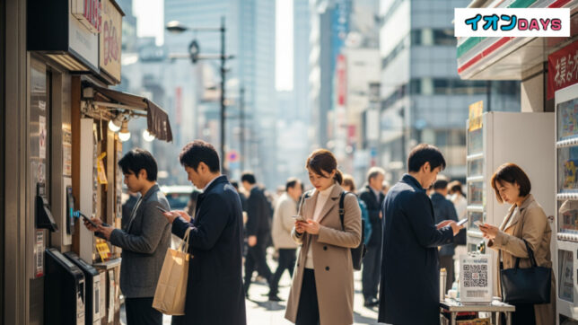 イオンフィナンシャルサービス決算を解説|カード会員1,000万人突破を示す都市の日常風景。人々がスマホで決済を行う様子を抽象的に表現。