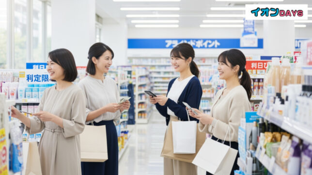 ウエルシアWAON POINT初利用で最大3倍！キャンペーンの雰囲気を再現した日本の日常の買い物シーンを描写しています。