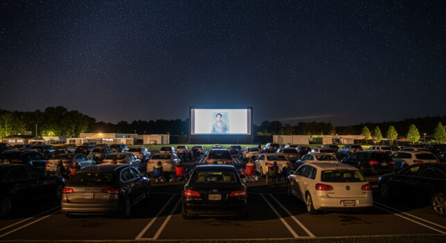 イオンシネマのドライブインシアター体験と3密回避の取り組みを示す、車内で映画を楽しむ人々のシーン。
