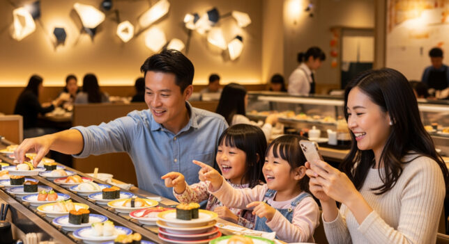 かっぱ寿司で6月30日までにイオンペイを利用すると500WAON POINTが当選するキャンペーンを紹介する画像。家族で楽しむ寿司のシーンを描写。